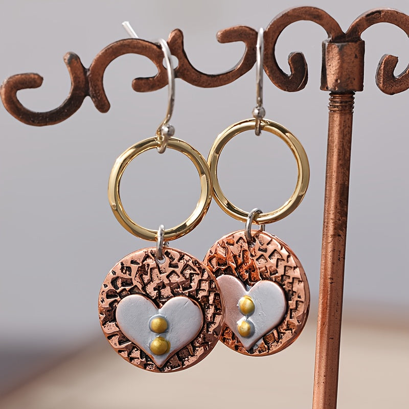 Rustic Textured Mixed Metal Circle Heart Dangle Earrings