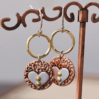 Rustic Textured Mixed Metal Circle Heart Dangle Earrings