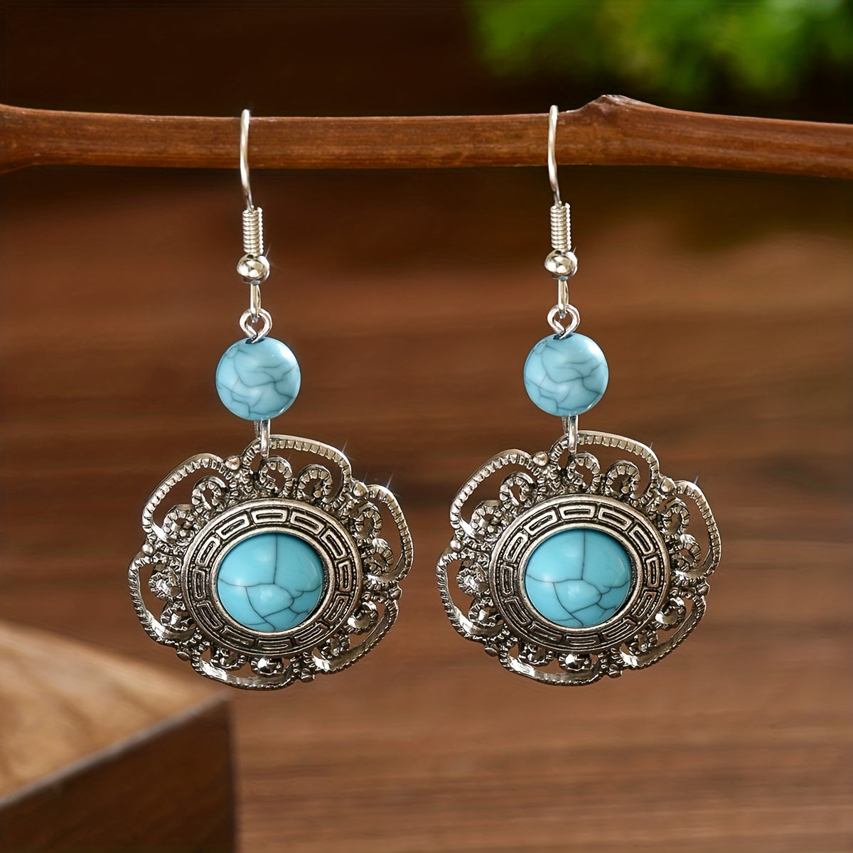 Vintage Boho Faux Turquoise Flower Drop Earrings