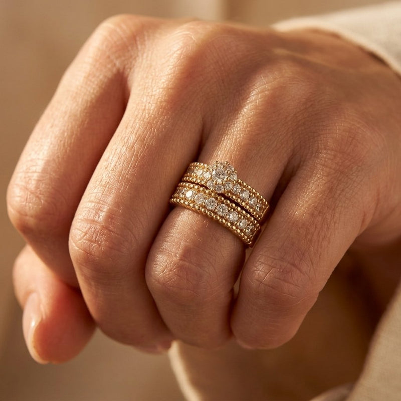 Gold Cubic Zirconia Floral Halo Ring Set