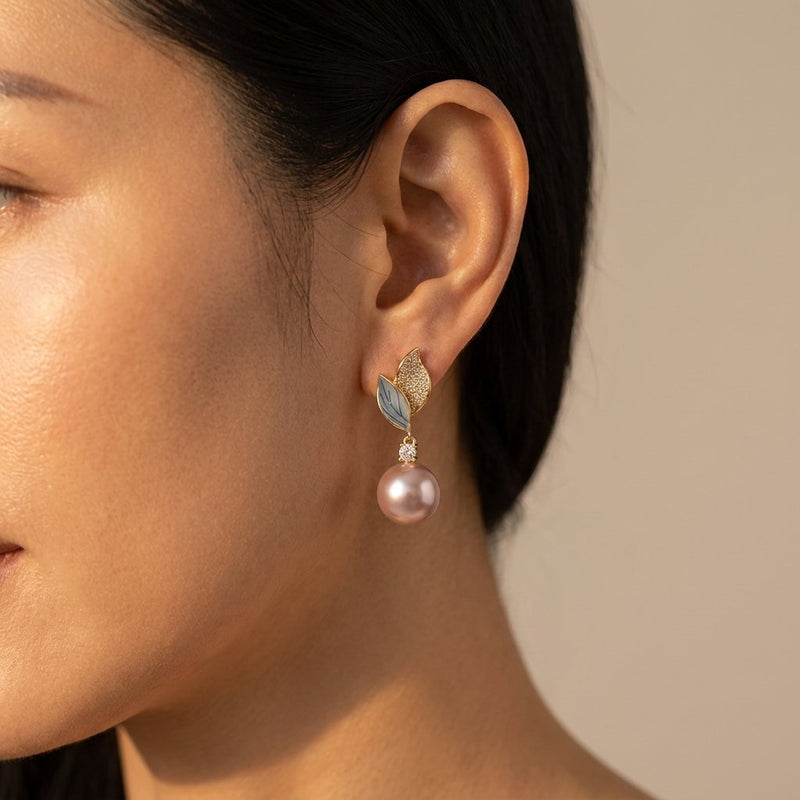 Gold Leaf Pearl Drop Dangle Earrings