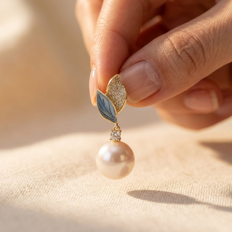 Gold Leaf Pearl Drop Dangle Earrings