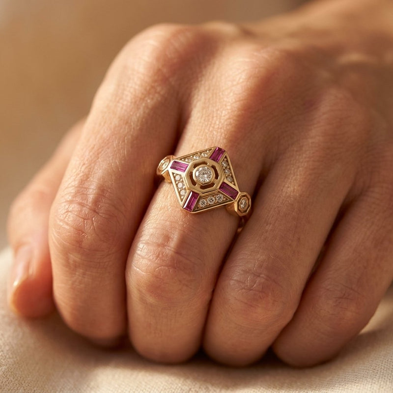 Gold Ruby Diamond Art Deco Ring