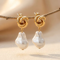 Gold Twisted Knot Baroque Pearl Drop Earrings