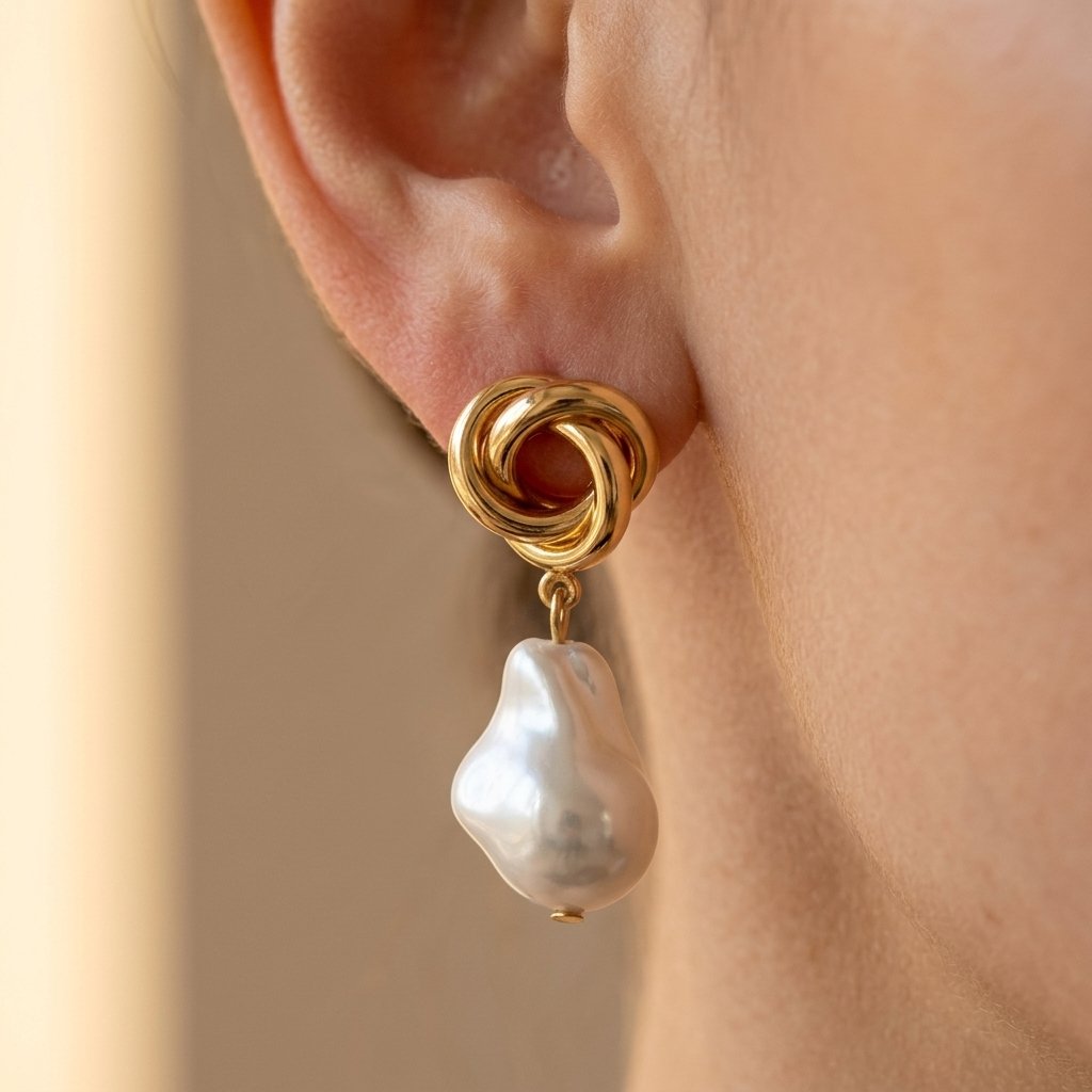 Gold Twisted Knot Baroque Pearl Drop Earrings