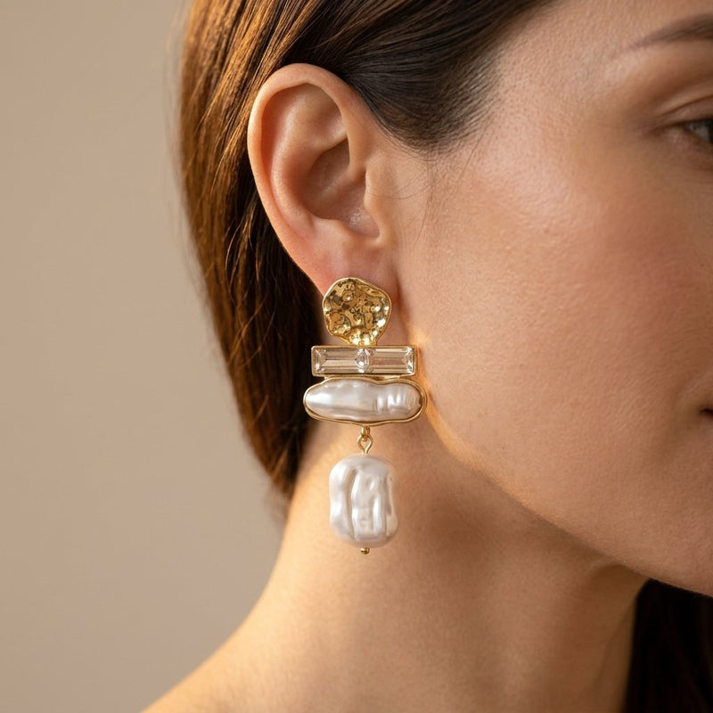 Hammered Gold Baroque Pearl Crystal Drop Earrings
