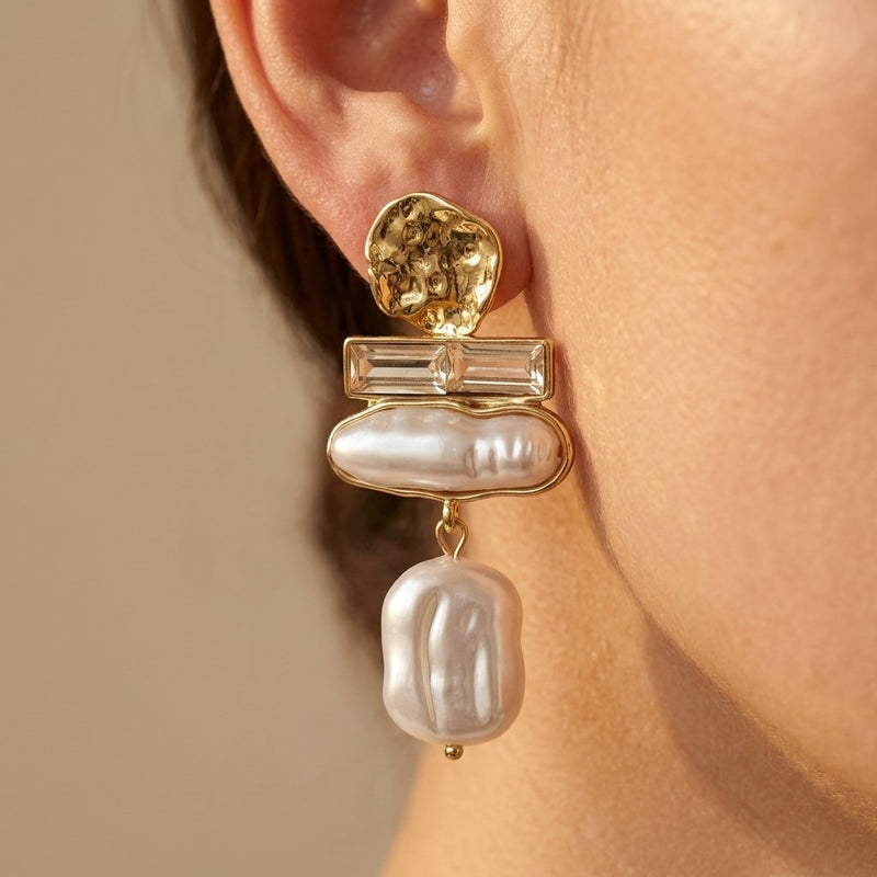 Hammered Gold Baroque Pearl Crystal Drop Earrings