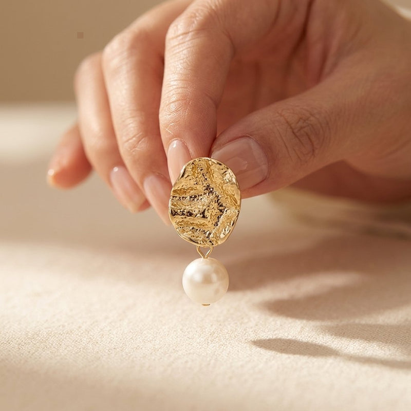 Hammered Gold Coin Pearl Drop Earrings