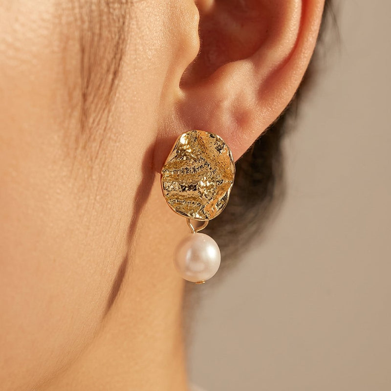 Hammered Gold Coin Pearl Drop Earrings