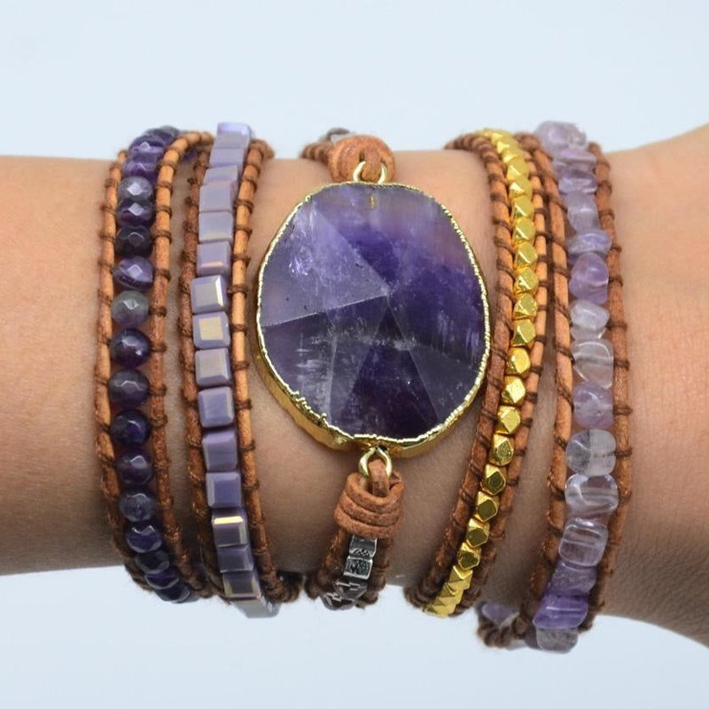 Handmade Natural Amethyst Gemstone Leather Wrap Bracelet