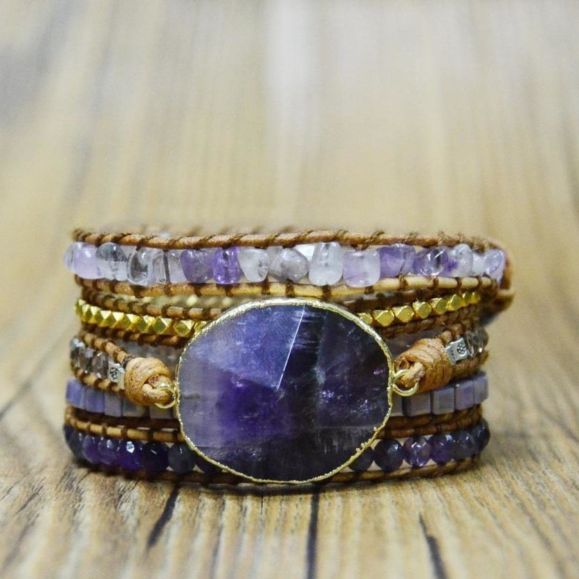 Handmade Natural Amethyst Gemstone Leather Wrap Bracelet