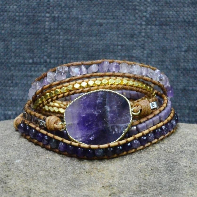 Handmade Natural Amethyst Gemstone Leather Wrap Bracelet