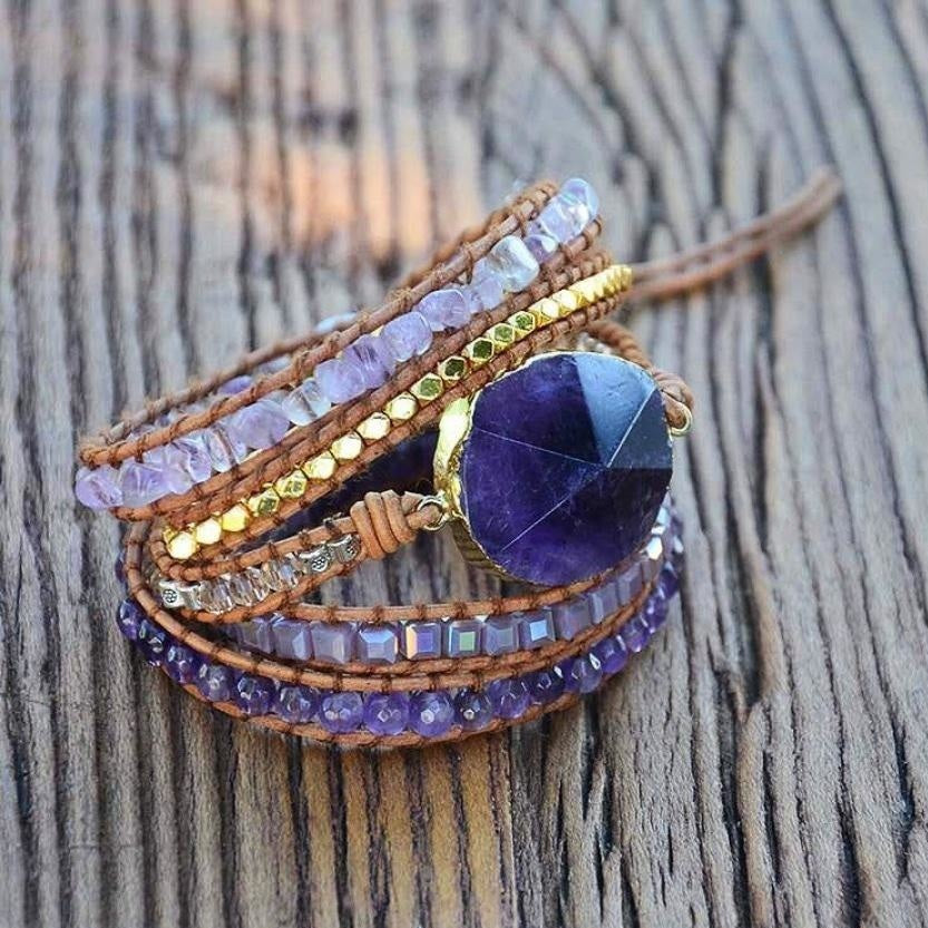 Handmade Natural Amethyst Gemstone Leather Wrap Bracelet