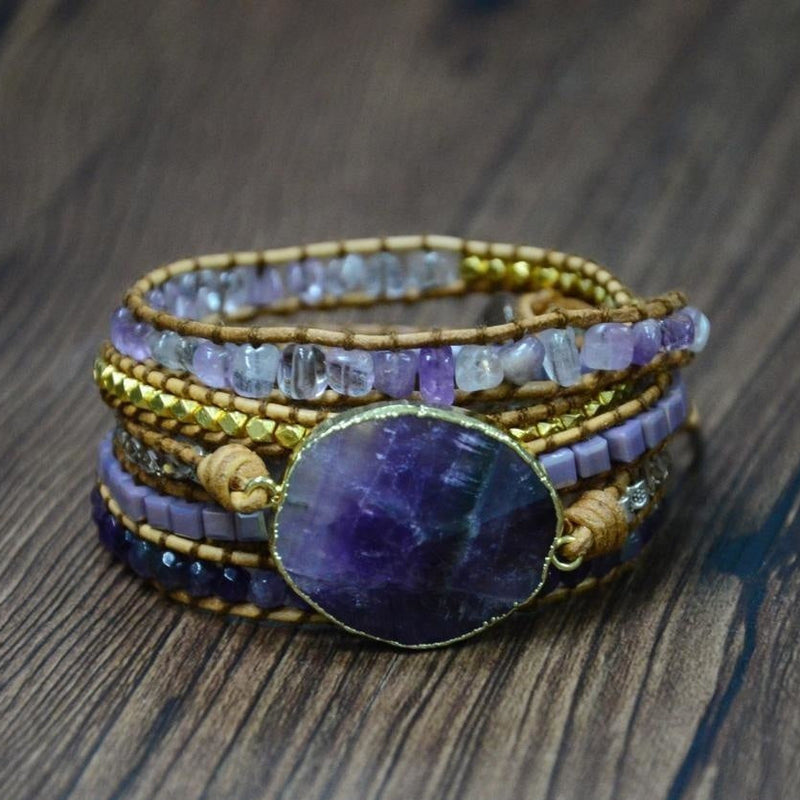 Handmade Natural Amethyst Gemstone Leather Wrap Bracelet