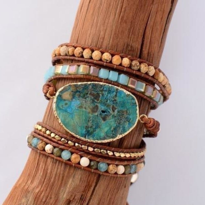 Handmade Natural Ocean Jasper Leather Wrap Bracelet