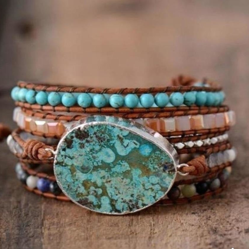 Handmade Natural Ocean Jasper Leather Wrap Bracelet