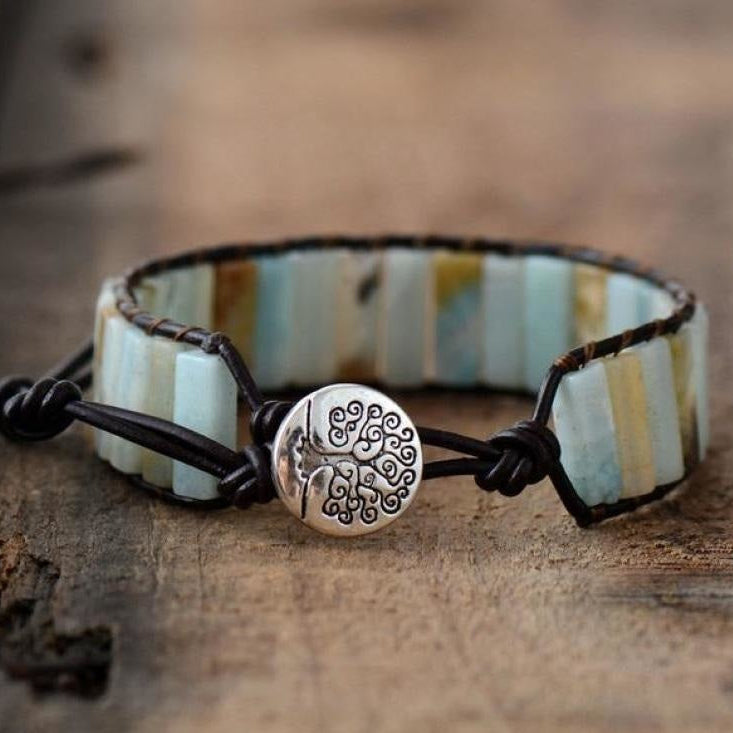 Natural Amazonite Stone & Leather Tree Of Life Bracelet