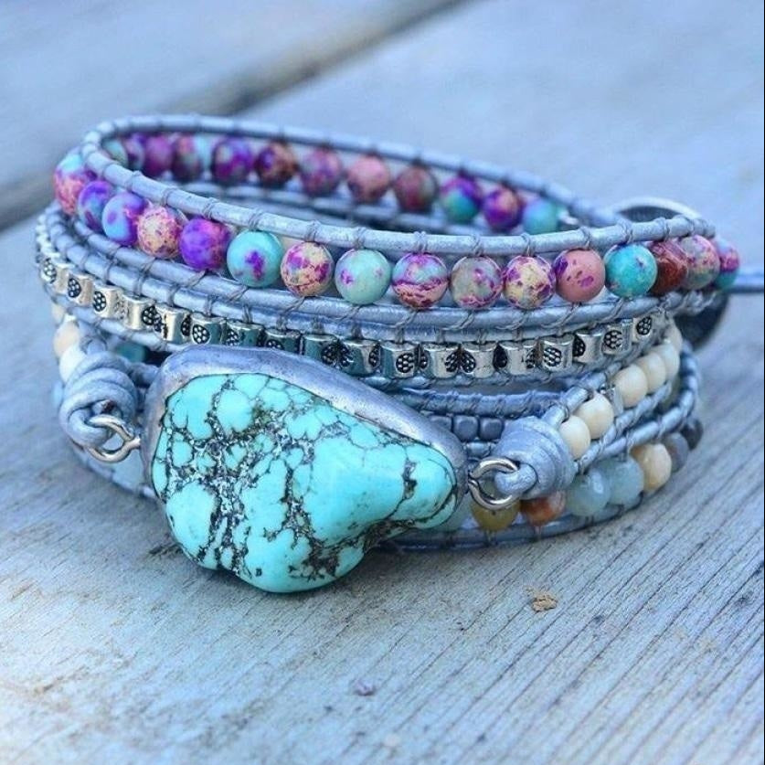 Handmade Turquoise, Jasper & Amazonite Leather Wrap Bracelet