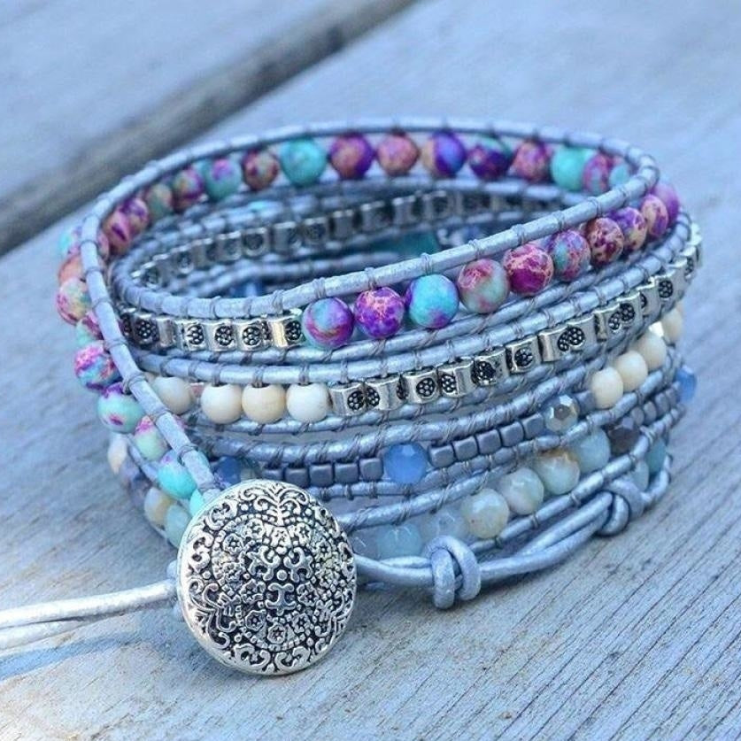 Handmade Turquoise, Jasper & Amazonite Leather Wrap Bracelet