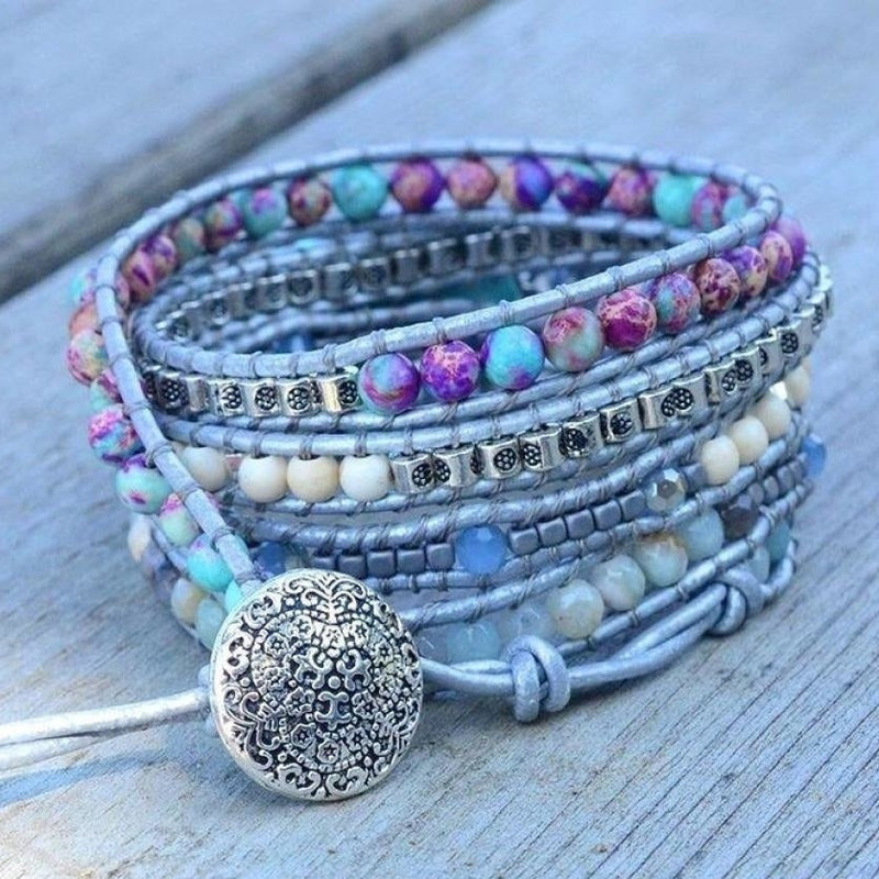 Handmade Turquoise, Jasper & Amazonite Leather Wrap Bracelet