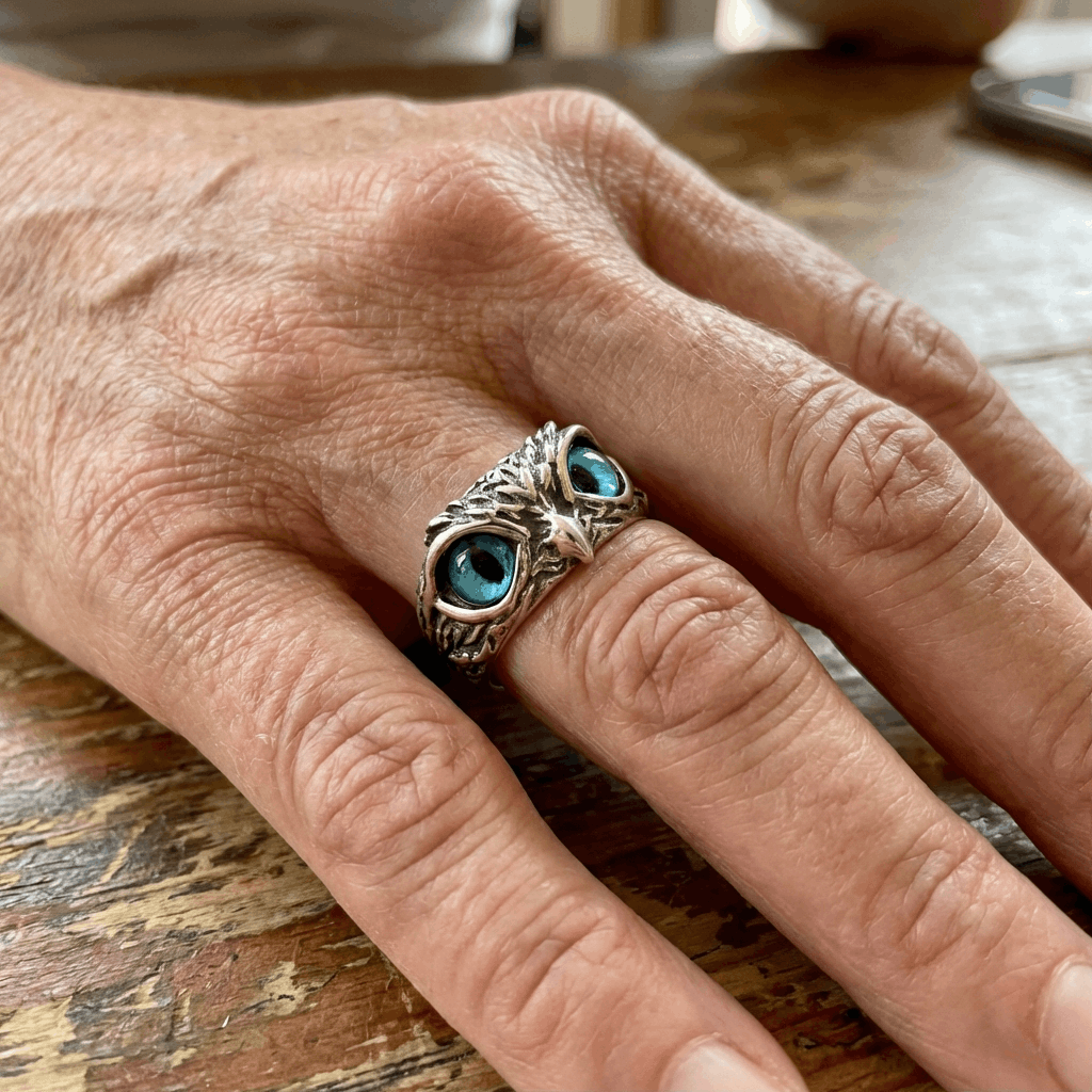 Owl of Good Luck Adjustable Ring in Silver and Opal