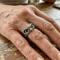 Owl of Good Luck Adjustable Ring in Silver and Opal