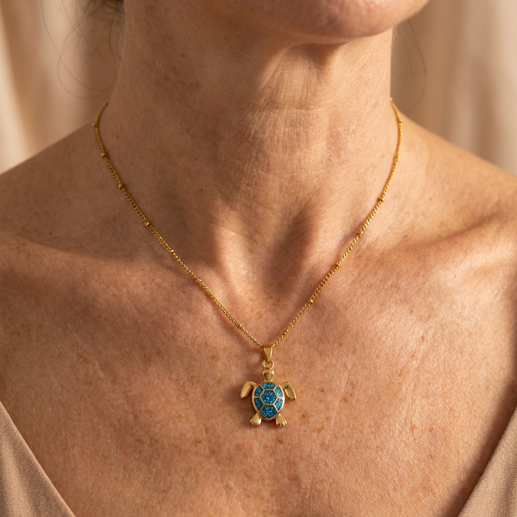 Gold Sea Turtle Necklace with Blue Opal & Crystal Waves