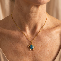Gold Sea Turtle Necklace with Blue Opal & Crystal Waves