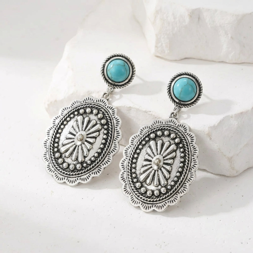 Western Boho Silver Plated Turquoise Concho Drop Earrings