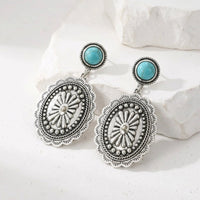 Western Boho Silver Plated Turquoise Concho Drop Earrings