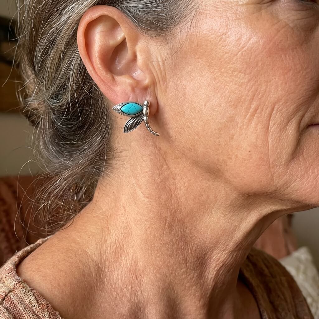 Vintage Turquoise Dragonfly Silver Plated Stud Earrings