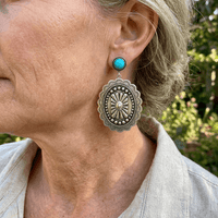 Western Boho Silver Plated Turquoise Concho Drop Earrings