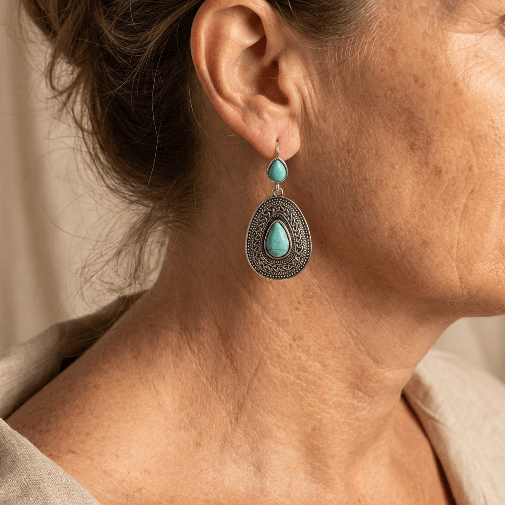 Bohemian Silver Tone Teardrop Turquoise Filigree Earrings