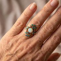 Vintage Floral Design Opal & Blue Crystal Gold Ring