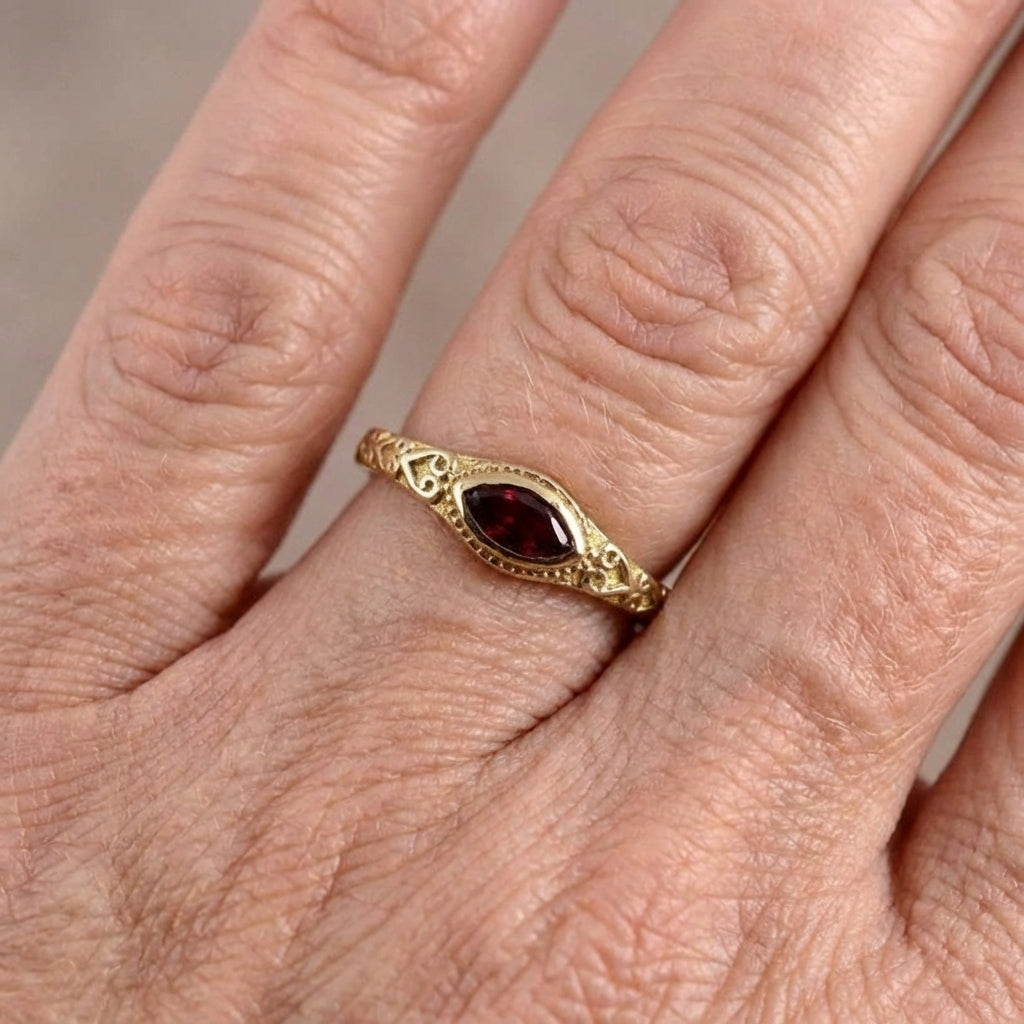 Vintage Gold Plated Filigree Design Red Crystal Ring