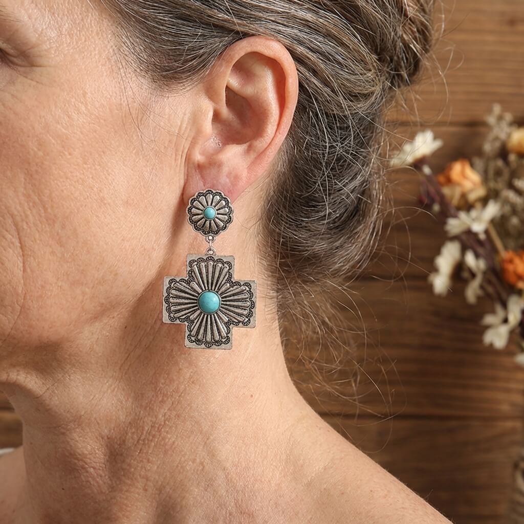Retro Floral Design Turquoise Cross Carved Metal Earrings