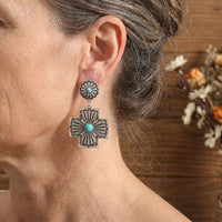 Retro Floral Design Turquoise Cross Carved Metal Earrings