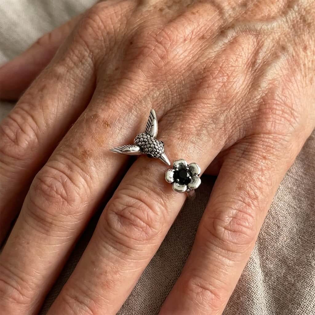 Vintage Adjustable Silver Plated Hummingbird & Flower Open Ring
