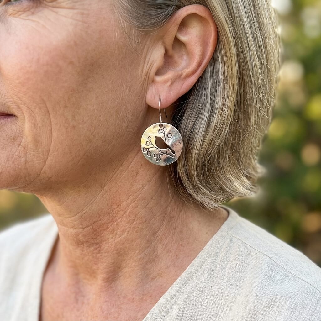 Vintage Silver Design Bird Medallion Drop Earrings