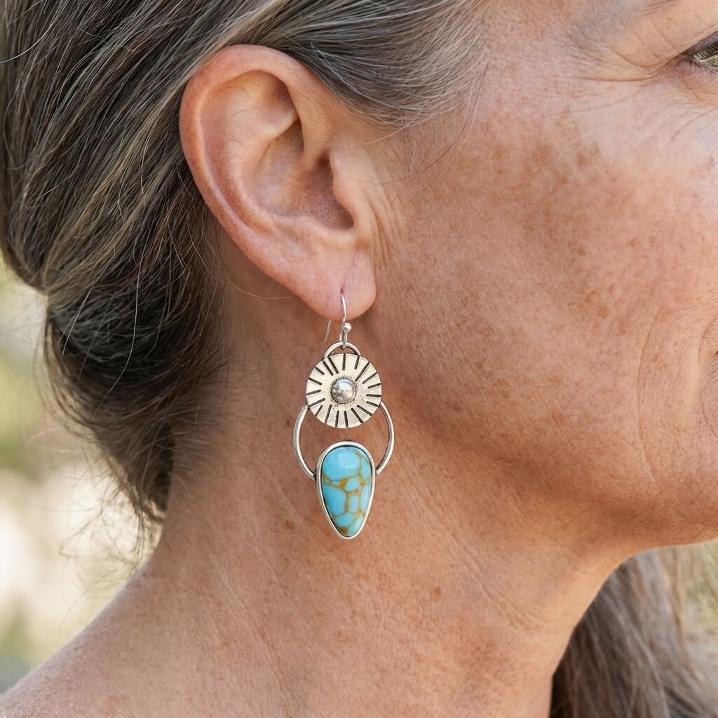 Vintage Handmade Sunburst Turquoise Drop Earrings