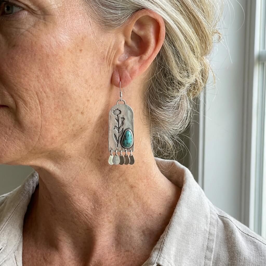 Vintage Silver Design Turquoise Floral Fringe Earrings