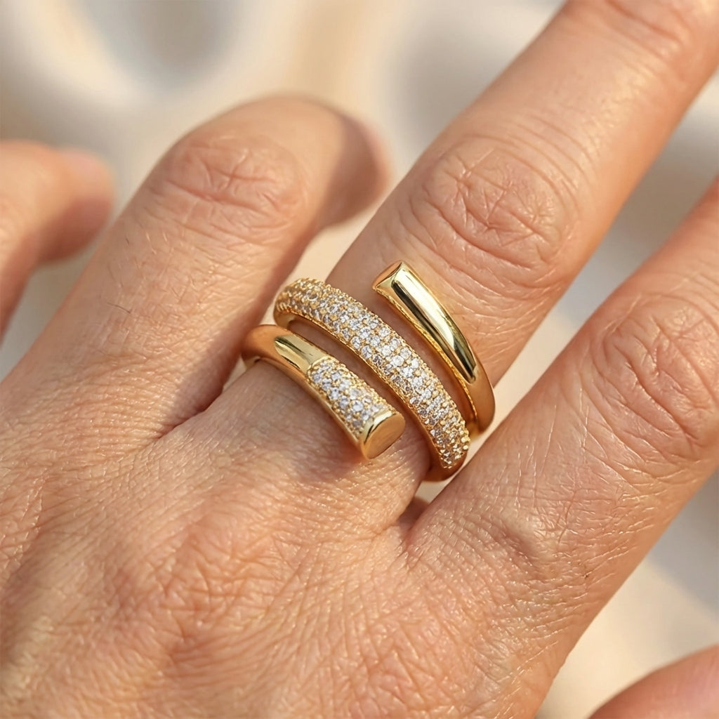 Classic Wide Gold Inlaid Zirconia Adjustable Open Band Ring