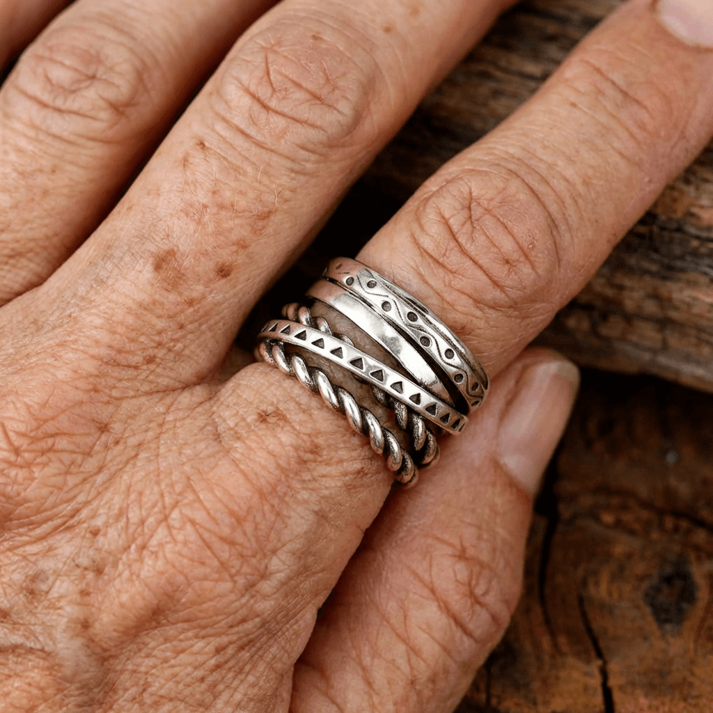 Elegant Bohemian Aztec Style Wide Band Silver Ring