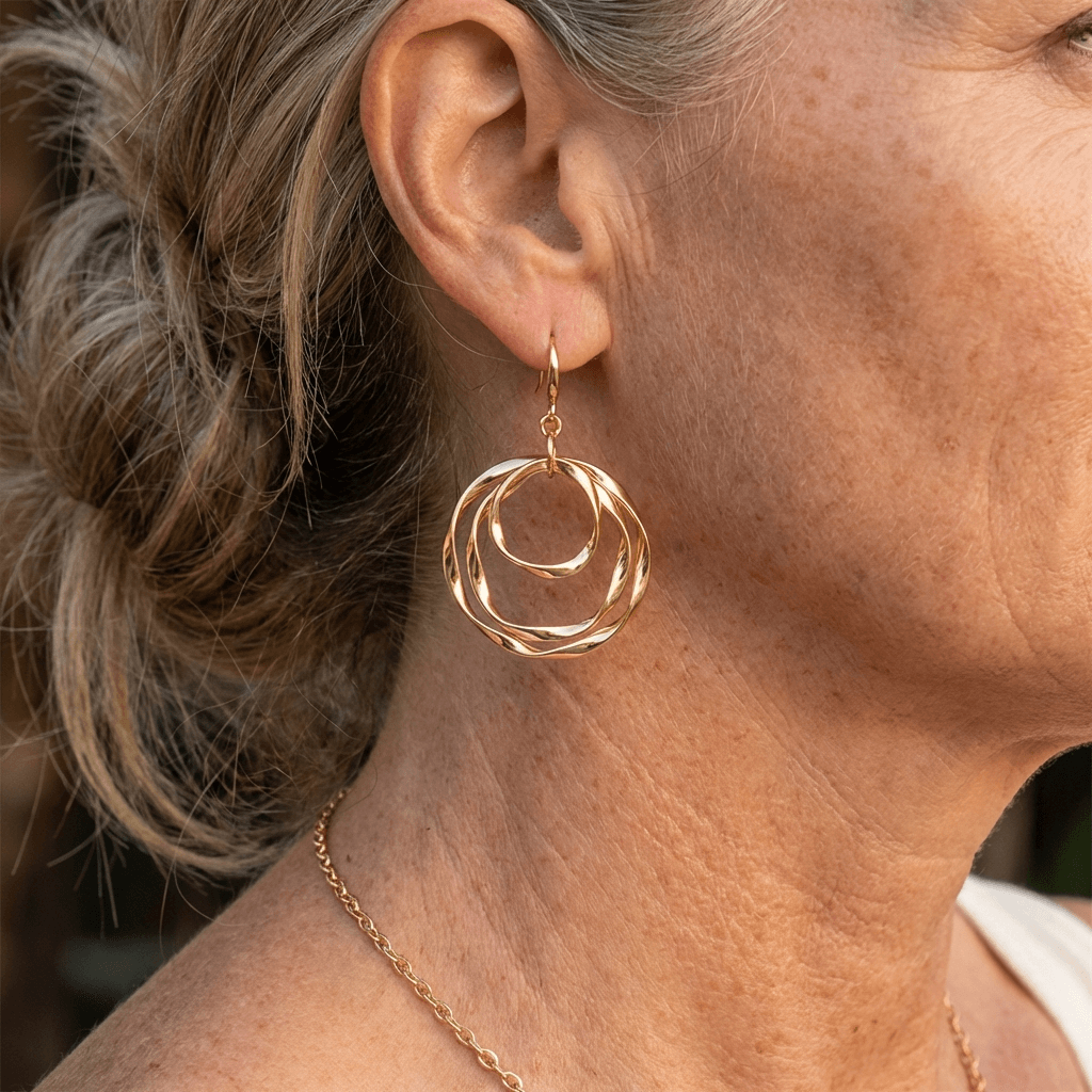 Boho Style Hammered Gold Double-Hoop Drop Earrings