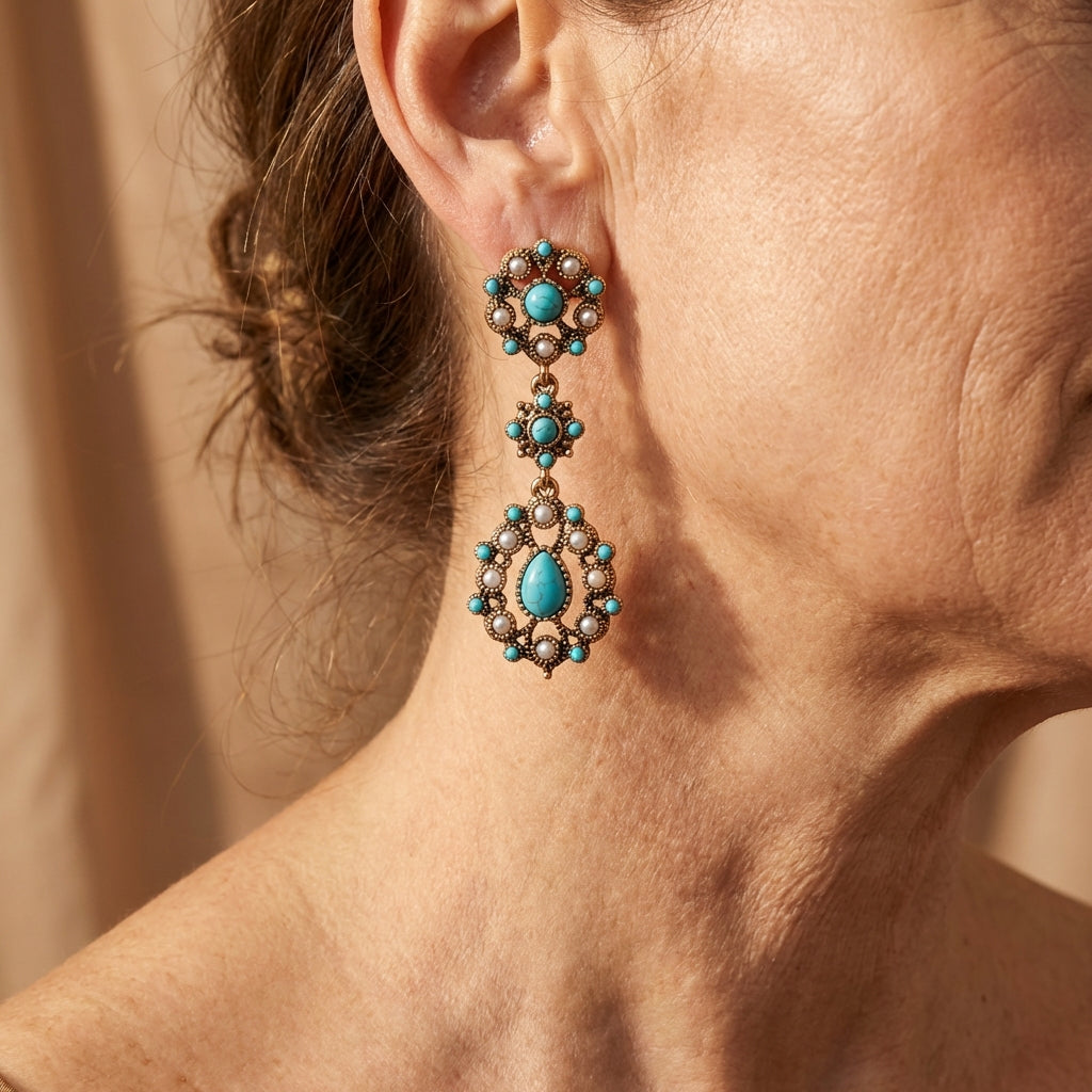 Floral Turquoise & Pearl Gold Plated Leverback Earrings