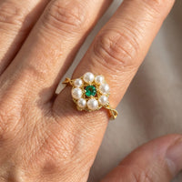 Vintage Pearl Beads & Green Stone Flower Ring