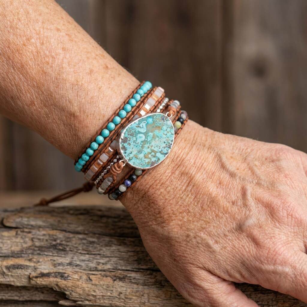 Handmade Natural Ocean Jasper Leather Wrap Bracelet