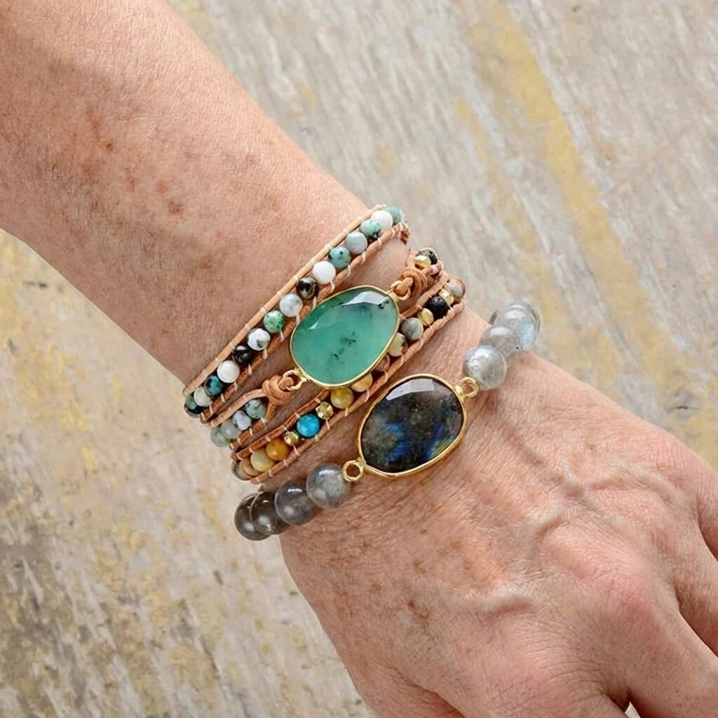 Natural Green Jade Jasper and Moss Agate Wrap Bracelet