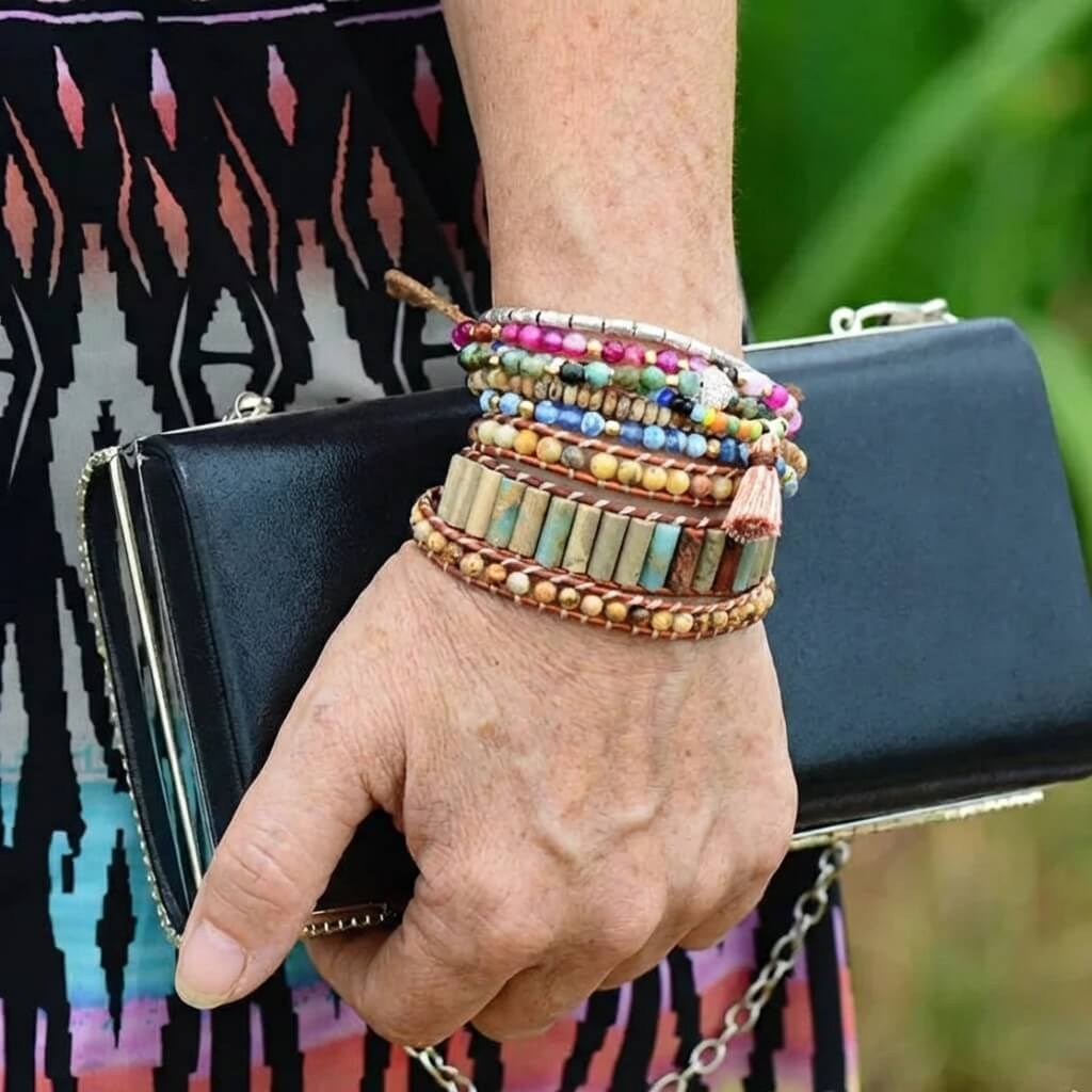 Natural Jasper & Sunflower Charm Leather Wrap Bracelet