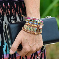 Natural Jasper & Sunflower Charm Leather Wrap Bracelet